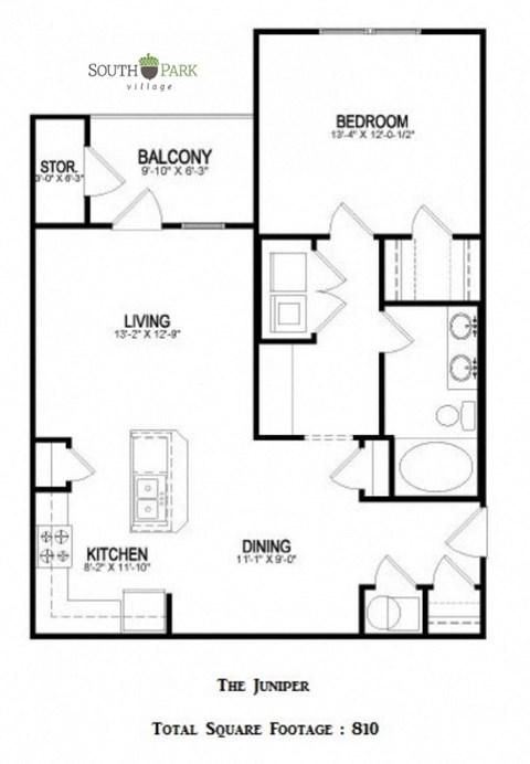 Floor plan for 1 bed, 1 bath, 810 sqft